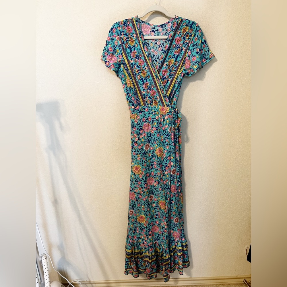 Turquoise Floral Wrap Maxi Dress